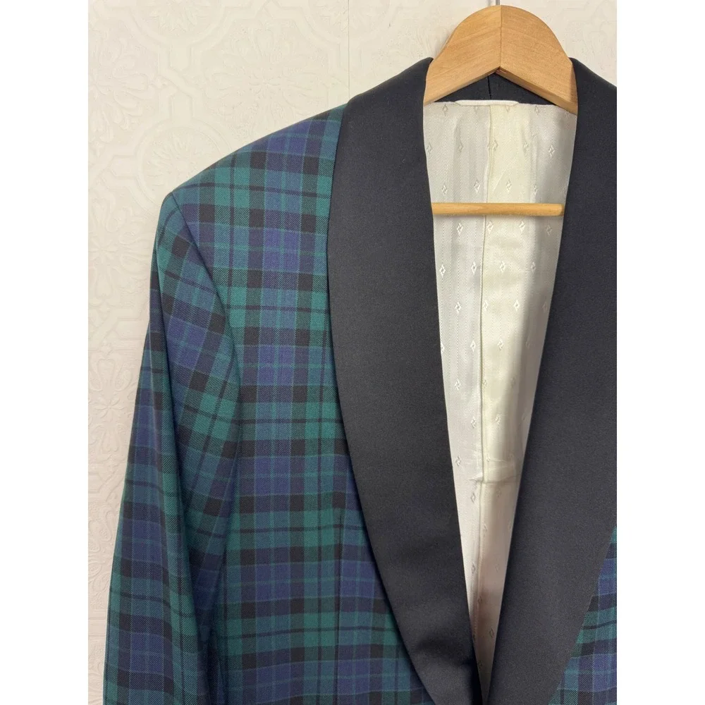 Custom Black Watch Tartan Collar Tuxedo Jacket Green Plaid Formal Suit 42 Short